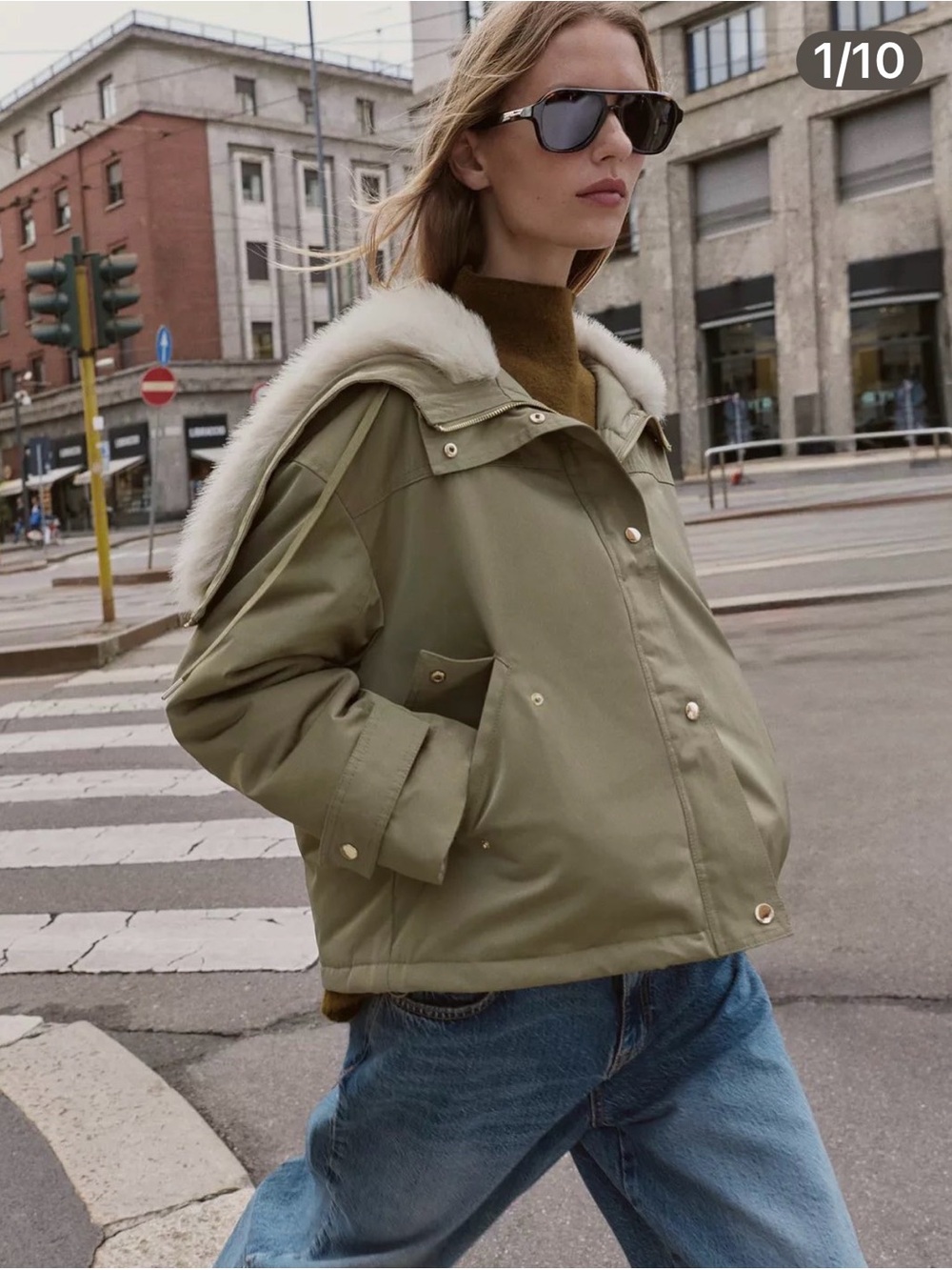 ZARA NWT Faux Fur Hood Padded Jacket Taupe Khaki Gold Hardware Size L
